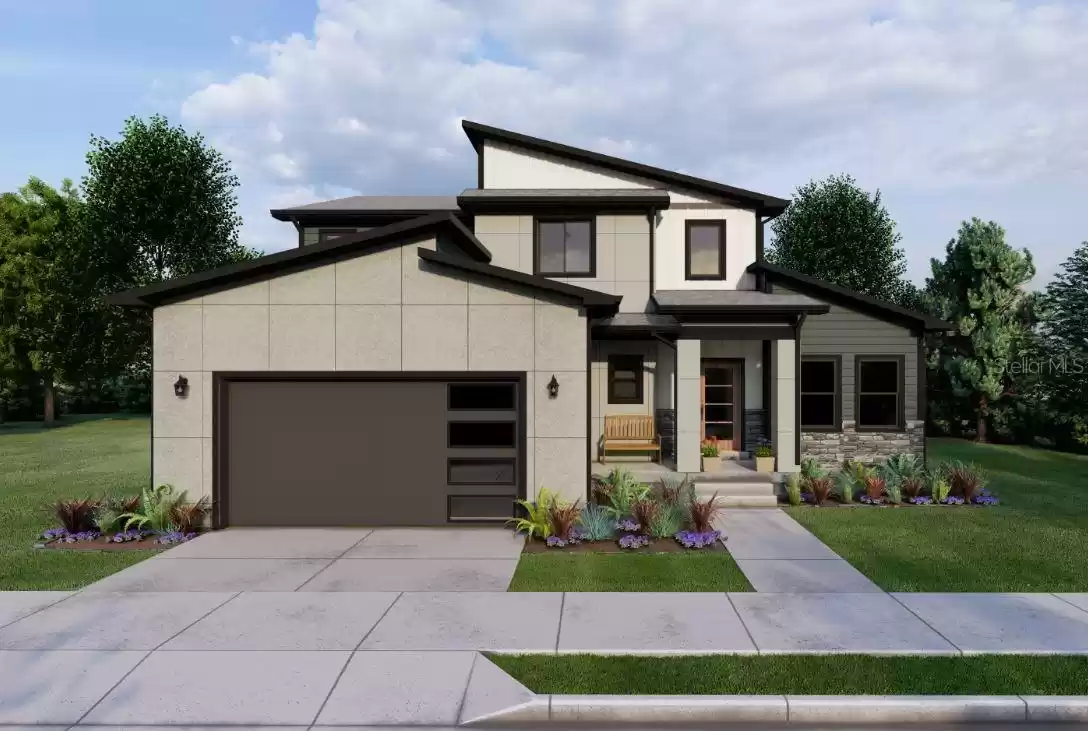 Artist Rendering of Edgeworth Modern Elevation. Landscape, Front & Garage Door,s Furniture along with other exterior finishes may not be included or may vary. All Details to be Finalized at Builder Meeting.